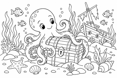Octopus by a sunken ship coloring page
