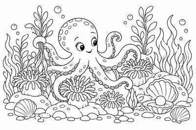 Octopus in an underwater garden coloring page