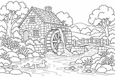 Old mill with a waterwheel coloring page