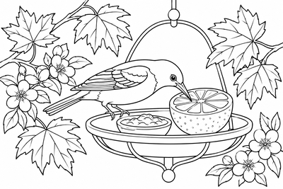 Oriole at the orange feeder coloring page