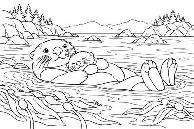 Otter dad and pup coloring page