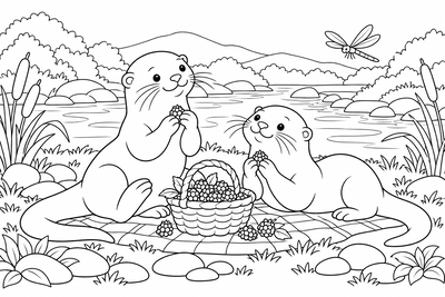 Otters' picnic by the river coloring page