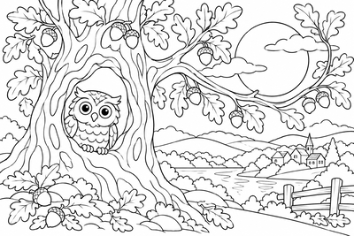 Owl in an autumn oak coloring page