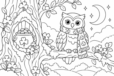 Owl with a shamrock scarf coloring page