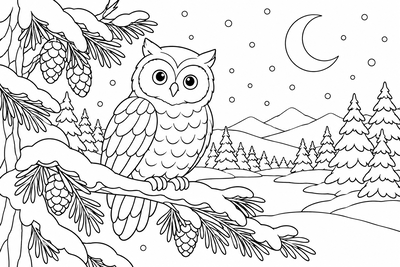 Owl in the snowy pines coloring page