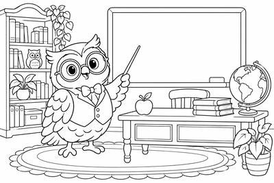 Owl teacher in the classroom coloring page