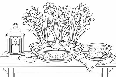 Paperwhite flowers in a bowl coloring page