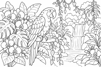 Parrot in the jungle coloring page