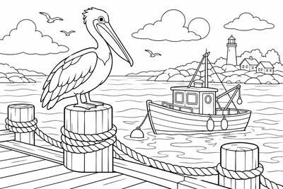Pelican on the fishing pier coloring page