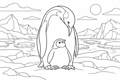 Penguin dad with his chick coloring page