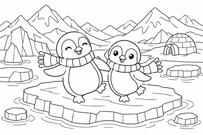 Penguins sliding on the ice coloring page