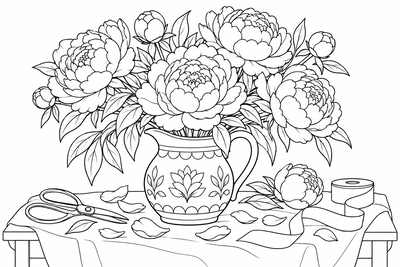 Peony bouquet in a pitcher coloring page