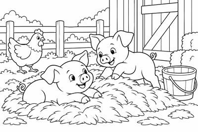 Piglets by the barn coloring page
