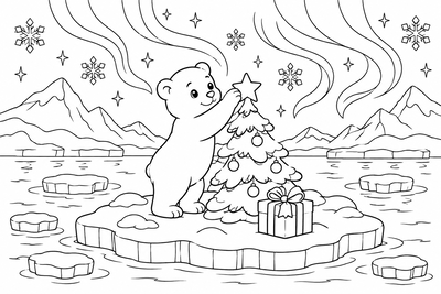 Polar bear and the Christmas star coloring page