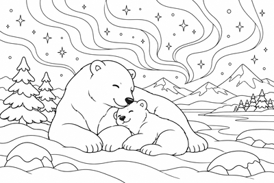 Polar bears under the northern lights coloring page