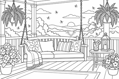 Porch swing on a summer evening coloring page