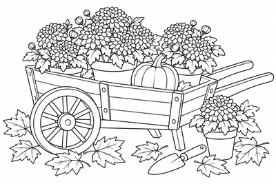 Potted mums in a garden cart coloring page