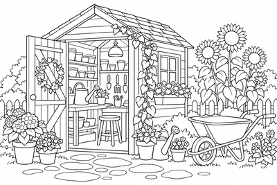 Potting shed in late summer coloring page