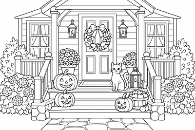 Pumpkins on the porch coloring page