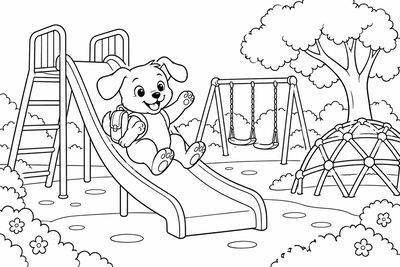 Puppy at the school playground coloring page