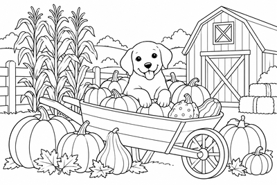 Puppy in a wheelbarrow of pumpkins coloring page
