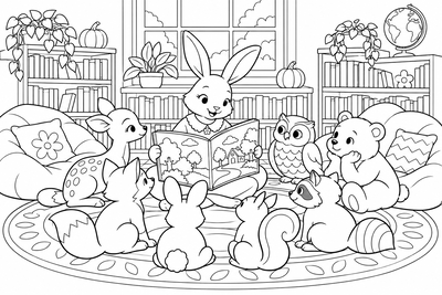 Story time in the school library coloring page