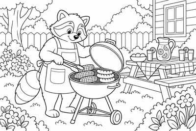 Raccoon dad at the barbecue coloring page