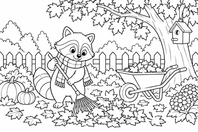 Raccoon raking leaves coloring page