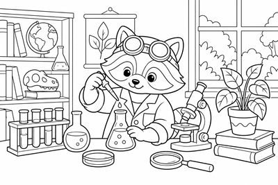 Raccoon in science class coloring page