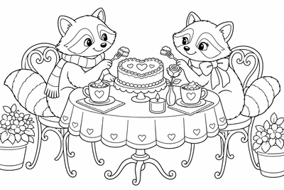 Raccoons sharing a Valentine cake coloring page