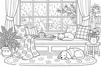 Rainy day window seat coloring page