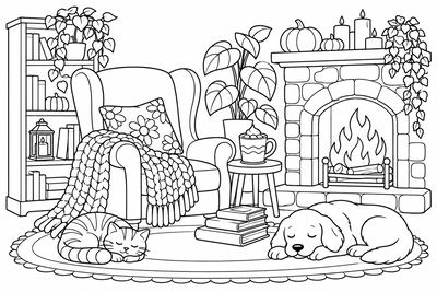 Reading nook by the fireplace coloring page