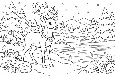 Reindeer in a snowy forest coloring page