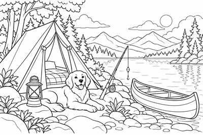 Retriever camping by a tent coloring page