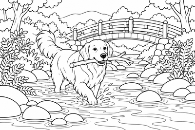 Retriever fetching a stick coloring page