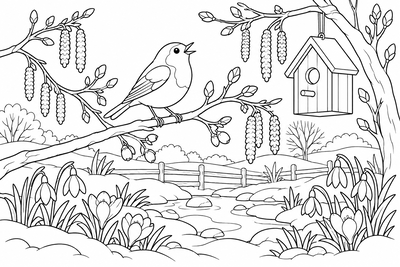 Robin singing as the snow melts coloring page