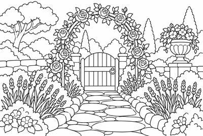 Rose arch over the garden path coloring page