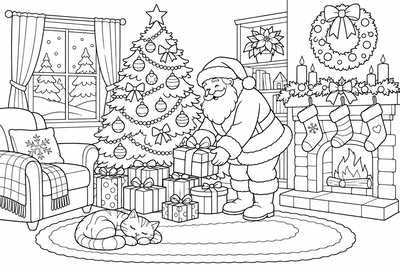 Santa leaving gifts under the tree coloring page