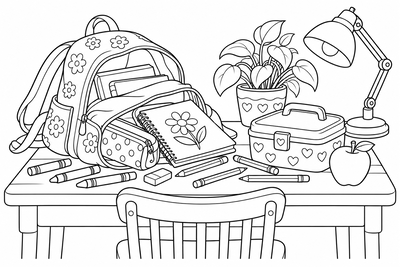 School supplies on a desk coloring page
