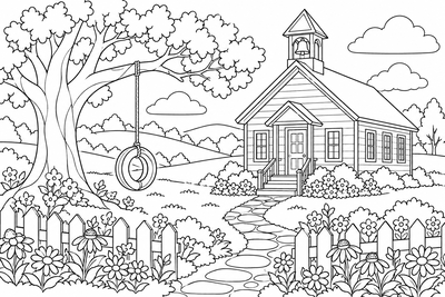Little schoolhouse in the meadow coloring page