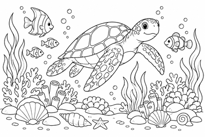 Sea turtle on a coral reef coloring page
