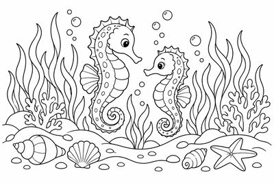 Seahorses in the seagrass coloring page