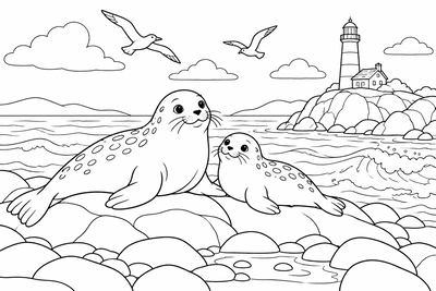 Seals on a rocky shore coloring page