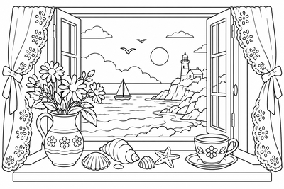 Seaside cottage window coloring page