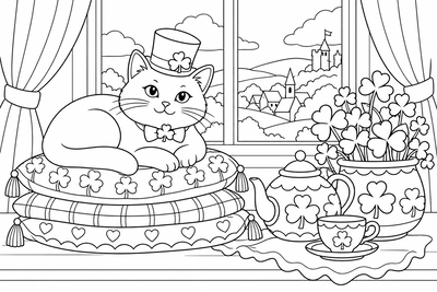Shamrock cat in a top hat coloring page