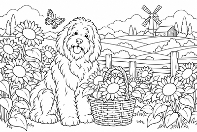 Sheepdog in the sunflower field coloring page