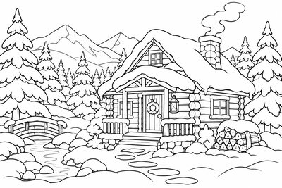 Snowy log cabin at dusk coloring page