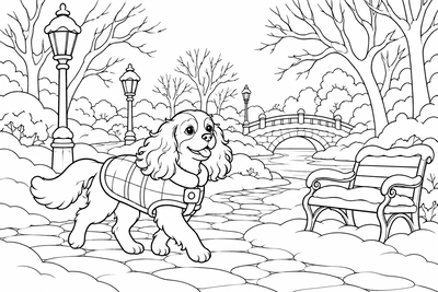 Spaniel walking in a snowy park coloring page