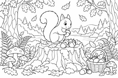 Squirrel gathering acorns coloring page