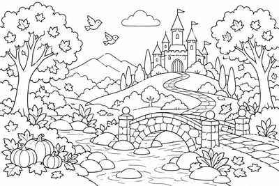 Storybook castle in autumn coloring page